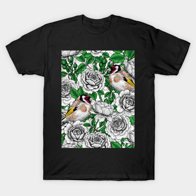 White Rose flowers and goldfinch birds T-Shirt by katerinamk